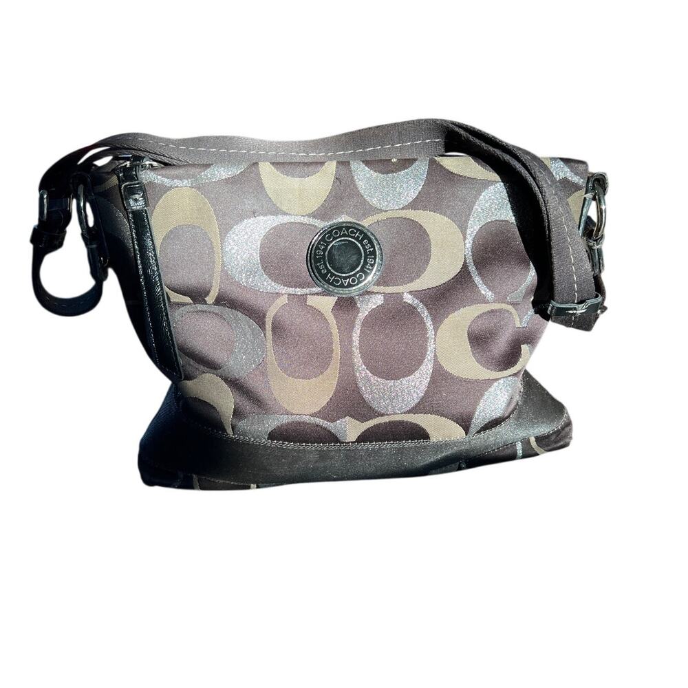 Coach Signature Stripe Metallic F-20430 Logo File Crossbody Brown & Gray Bag